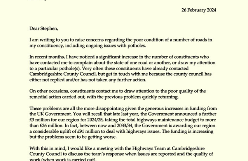 Potholes letter to CCC